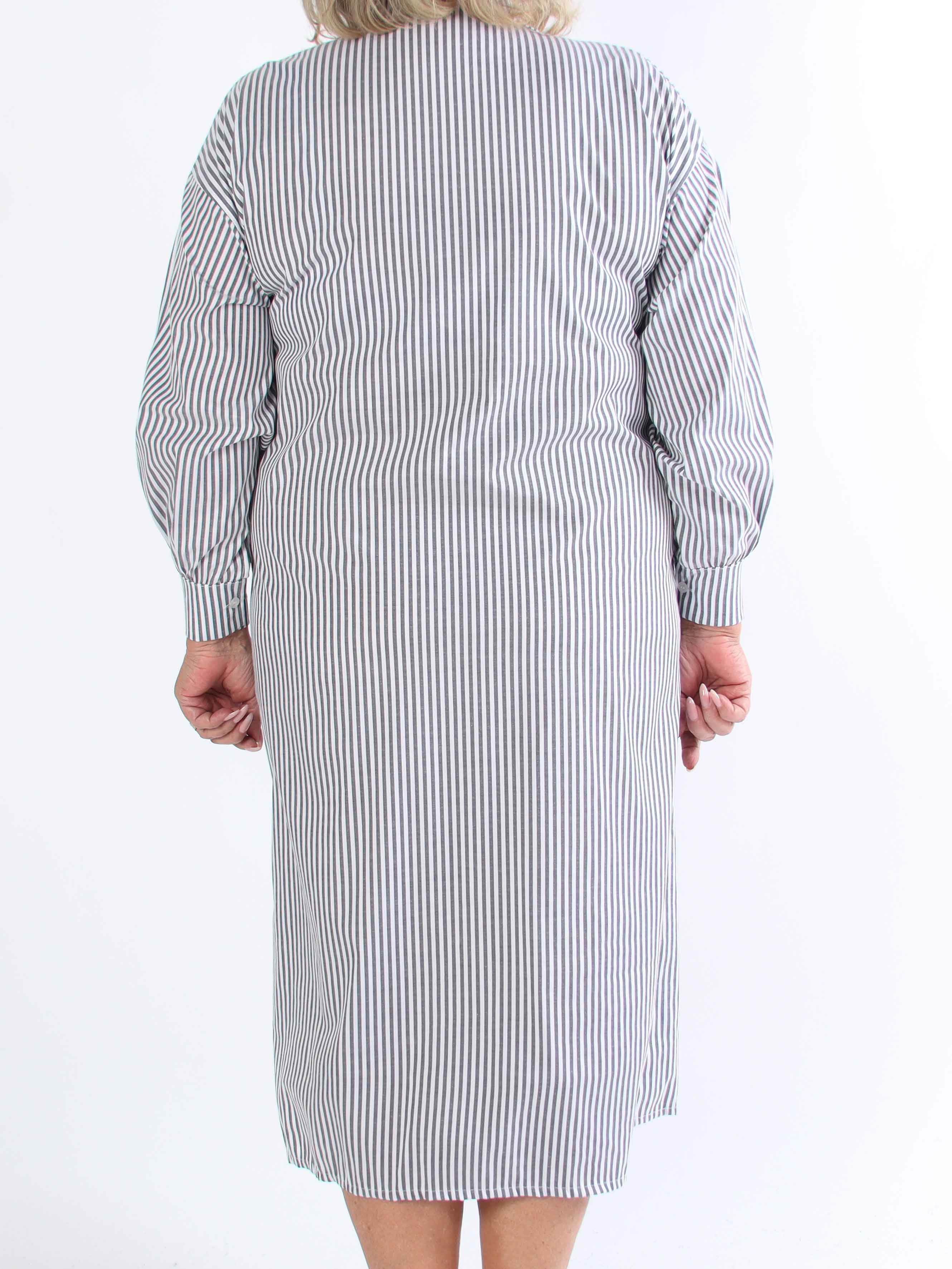 Raizal - Plus size randig skjortklänning i viskos med brosch